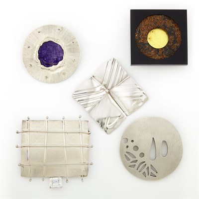Lot 1401 - Five Silver, Metal, Glass and Simulated Diamond Brooches
