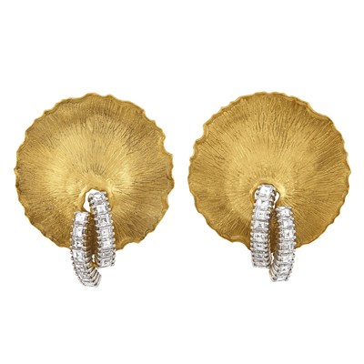 Lot 588 - Pair of Two-Color Gold and Diamond Ginko Leaf Earclips