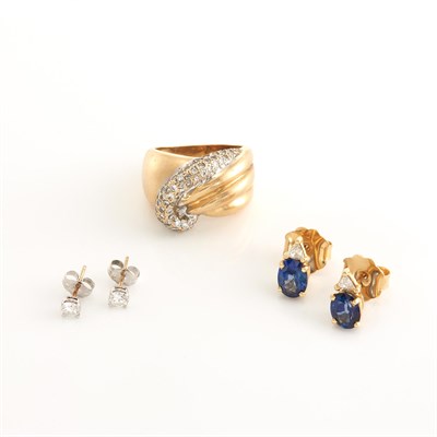 Lot 2097 - Gold, Diamond and Gem-Set Ring and Two Pairs of Earrings