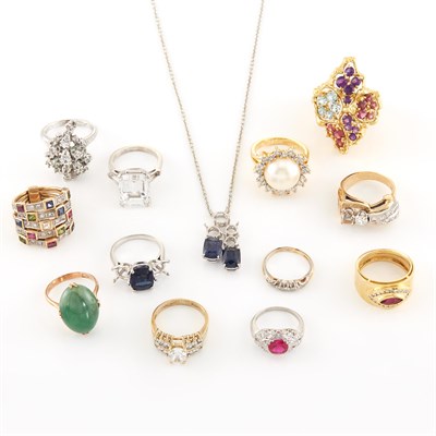 Lot 2118 - Group of Gold, Platinum, Metal, Diamond, Simulated Diamond and Gem-Set Rings and Pendant