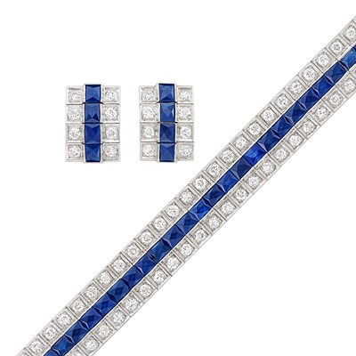 Lot 124 - Platinum, Diamond and Sapphire Bracelet and Pair of Earclips
