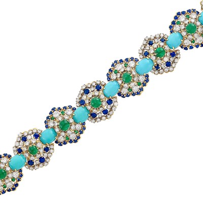 Lot 245 - Gold, Turquoise, Diamond, Sapphire, and Cabochon Emerald Bracelet