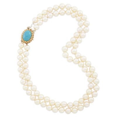 Lot 1499 - Double Strand Cultured Pearl with Gold and Turquoise Clasp
