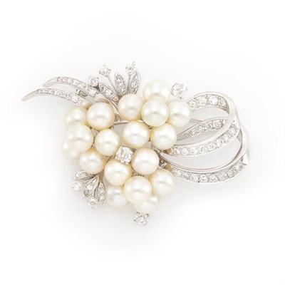 Lot 1253 - White Gold, Cultured Pearl and Diamond Brooch
