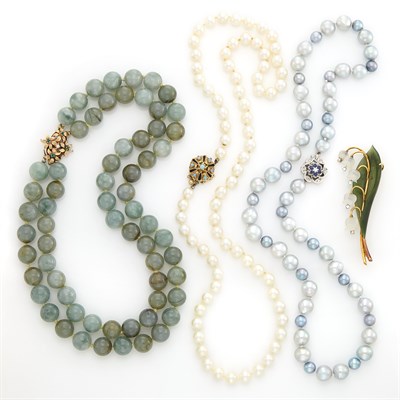 Lot 1599 - Three Cultured and Gray Cultured Pearl, Jade, Frosted Rock Crystal, Diamond, Sapphire and Opal Necklaces and Brooch