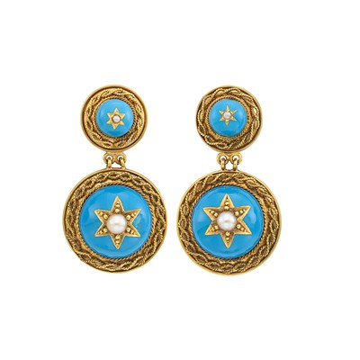Lot 97 - Pair of Antique Gold, Turquoise Enamel and Split Pearl Pendant-Earrings