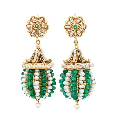 Lot 294 - Pair of Gold, Freshwater and Seed Pearl, Emerald Bead and Enamel Pendant-Earrings