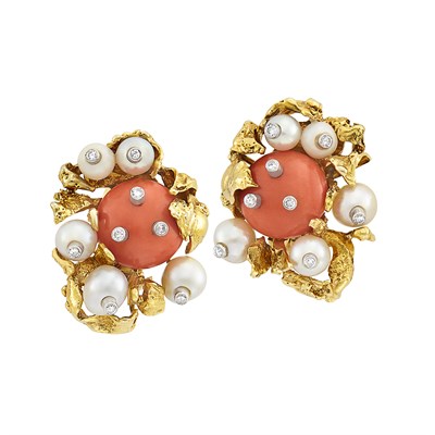 Lot 227 - Pair of Gold, Coral, Cultured Pearl and Diamond Earclips, David Webb