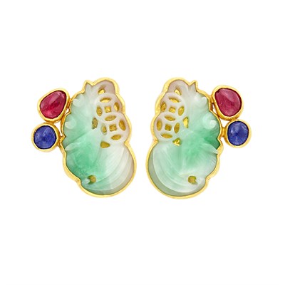 Lot 235 - Pair of High Karat Gold, Carved Jade, Cabochon Ruby and Sapphire Earclips, Harry Fireside