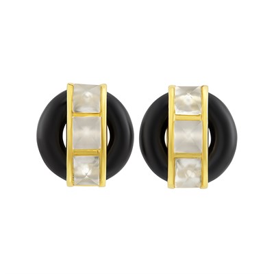 Lot 141 - Pair of Gold, Black Onyx and Frosted Rock Crystal Earclips, Cartier, Aldo Cipullo