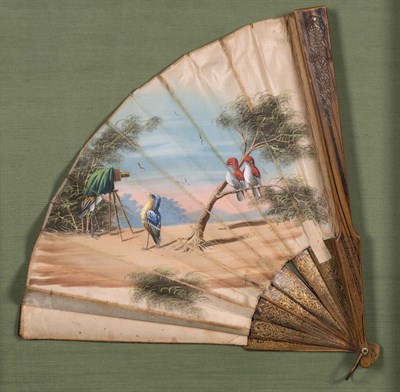 Lot 190 - "Bird Photographer" Painted Fan in Shadowbox...