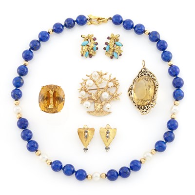 Lot 1632A - Lapis and Gold Bead and Cultured Pearl Necklace, Citrine Pendant and Ring, Brooch and Two Pairs of Earclips