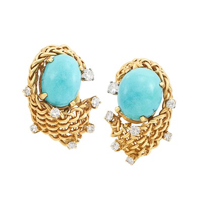 Lot 244 - Pair of Gold, Turquoise and Diamond Earclips, Seaman Schepps