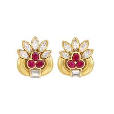 Lot 120 - Pair of Gold, Ruby and Diamond Earclips