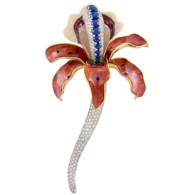 Lot 555 - Two-Color Gold, Multicolored Enamel, Cabochon Sapphire and Diamond Iris Clip-Brooch