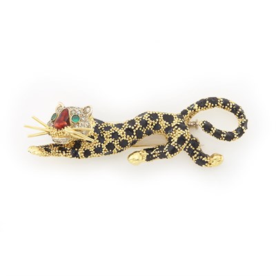 Lot 1906 - Gold, Enamel, Diamond and Green Onyx Panther Clip-Brooch