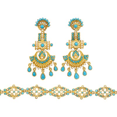 Lot 348 - Pair of Gold, Turquoise, and Split Pearl Pendant-Earrings and Bracelet