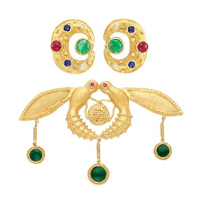 Lot 238 - Pair of Gold, Gem-Set and Diamond Earclips and Love Bird Brooch, Ilias Lalaounis