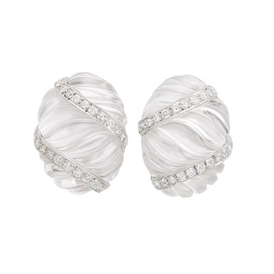 Lot 195 - Pair of White Gold, Platinum, Fluted Rock Crystal and Diamond Earclips, David Webb