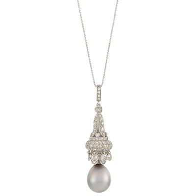 Lot 286 - Belle Époque Platinum, Natural Pearl and Diamond Pendant