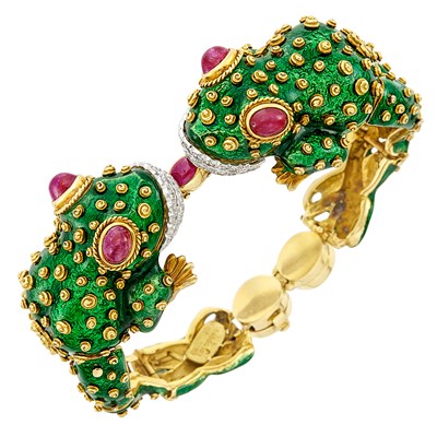 Lot 182 - Gold, Platinum, Green Enamel, Cabochon Ruby and Diamond Frog Bracelet, David Webb