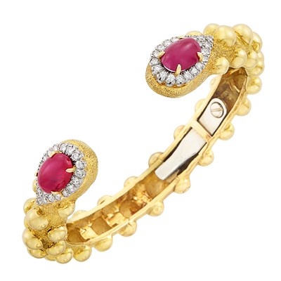 Lot 234 - Gold, Platinum, Cabochon Ruby and Diamond Bead Bangle Bracelet, David Webb