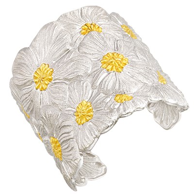 Lot 183 - Wide Sterling Silver and Gold-Plated Silver Flower Cuff Bangle Bracelet, Buccellati
