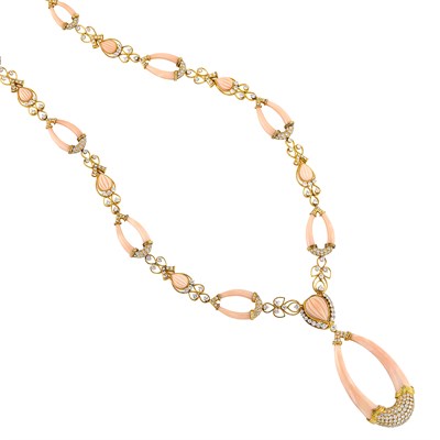 Lot 241 - Long Gold, Angel Skin Coral and Diamond Pendant-Necklace