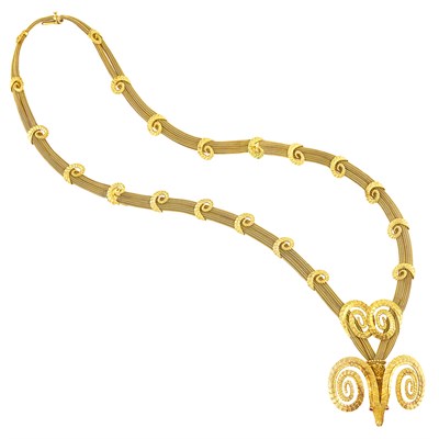 Lot 299 - Long Double Strand Gold Ram's Head Pendant-Necklace/Bracelet Combination, Ilias Lalaounis
