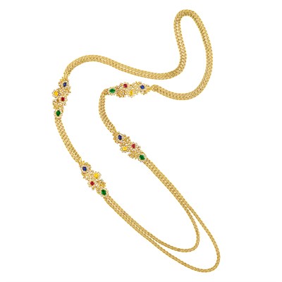 Lot 118 - Long Double Strand Gold, Gem-Set and Diamond Flower Chain Necklace