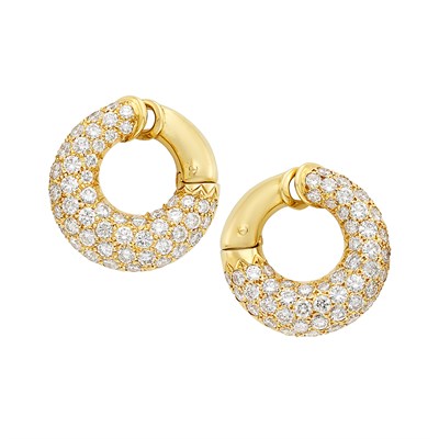 Lot 240 - Pair of Gold and Diamond Hoop Earclips, Van Cleef & Arpels, France