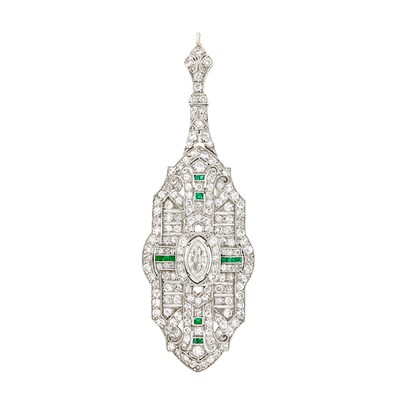 Lot 278 - Platinum, Diamond and Emerald Pendant-Brooch