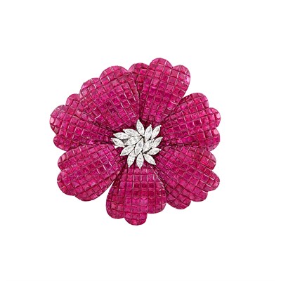 Lot 356 - White Gold, Invisibly-Set Ruby and Diamond Flower Brooch