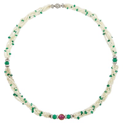 Lot 347 - Multistrand Seed Pearl, Emerald Bead, Platinum, Gold, Cabochon Ruby and Diamond Necklace