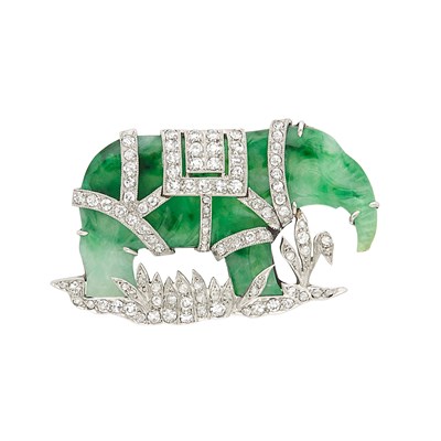 Lot 349 - Platinum, Carved Jade and Diamond Elephant Pin