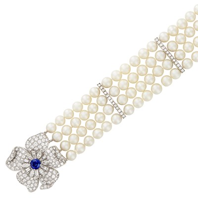 Lot 260 - Four Strand Cultured Pearl, Platinum, Diamond and Sapphire Flower Bracelet