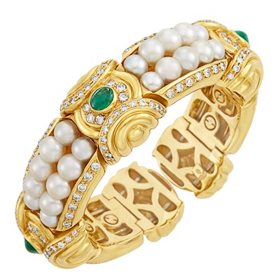 Lot 15 - Gold, Cultured Pearl, Cabochon Emerald and Diamond Bangle Bracelet