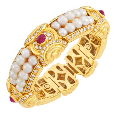 Lot 16 - Gold, Cultured Pearl, Cabochon Ruby and Diamond Bangle Bracelet