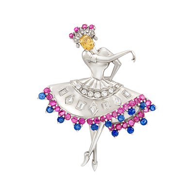 Lot 259 - White Gold, Diamond, Colored Diamond and Gem-Set Ballerina Clip-Brooch