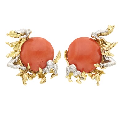 Lot 159 - Pair of Two-Color Gold, Coral and Diamond Earclips, Sterlé, Paris