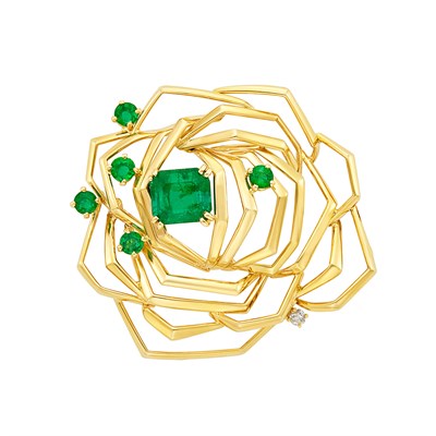 Lot 168 - Gold, Emerald and Diamond Flower Brooch, Monture Cartier, France