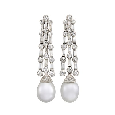 Lot 93 - Pair of White Gold, South Sea Cultured Pearl and Diamond Pendant-Earclips