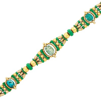 Lot 295 - Antique Gold, Faience Scarab and Green Enamel Bracelet