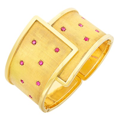 Lot 362 - Gold and Ruby Cuff Bangle Bracelet