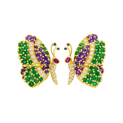 Lot 181 - Pair of Gold, Gem-Set and Diamond Butterfly Earclips, Jean Vitau