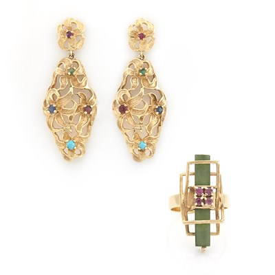 Lot 1451 - Pair of Gold and Gem-Set Pendant-Earrings and Ring
