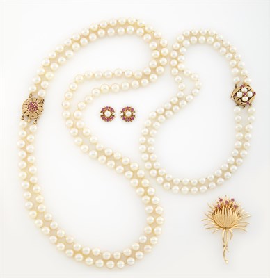 Lot 1266 - Two Double Strand Cultured Pearl Necklaces with Gold, Cultured Pearl and Ruby Clasp, Pair of Earrings and Brooch
