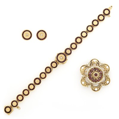 Lot 1260 - Gold, Garnet and Cultured Pearl Brooch, Bracelet-Watch and Pair of Earrings