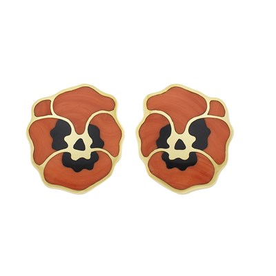 Lot 136 - Pair of Gold, Coral and Black Jade Flower Earclips, Tiffany & Co.