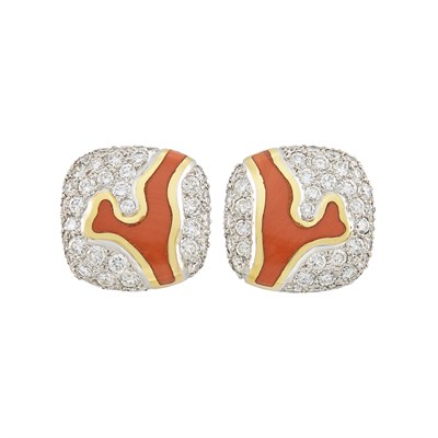 Lot 191 - Pair of Platinum, Gold, Coral and Diamond Earclips, Tiffany & Co., Angela Cummings